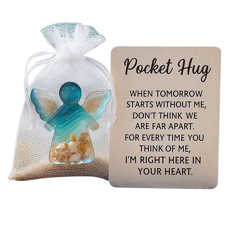 Angel Pocket Hug in Memory of The Dead, Handmade  Soothing Shells Ocean and Sand Desig Pocket Hug Token with Card&White Mesh Bags, Resin Angel Keepsake Sympathy Gift - Image 1